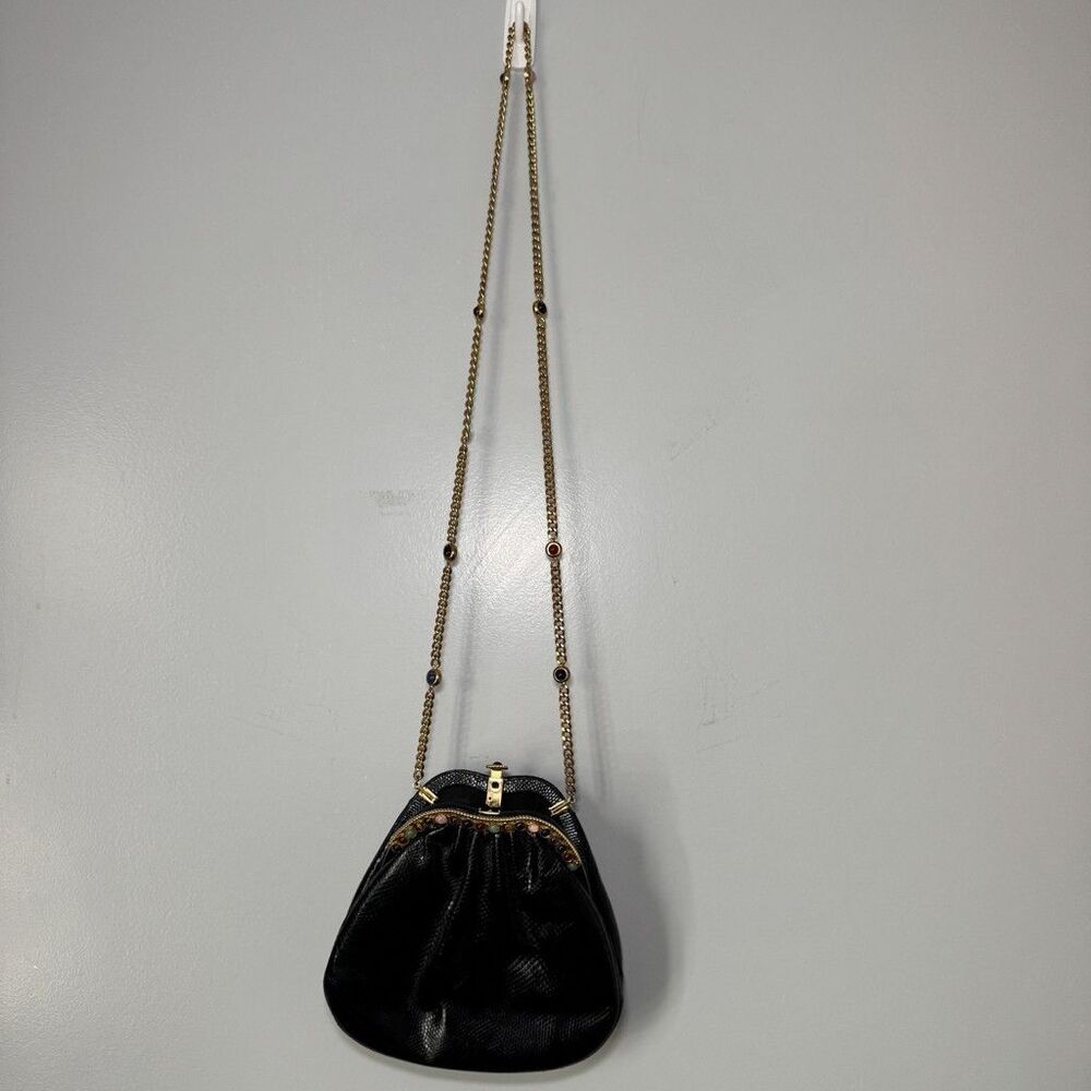 Judith Leiber Crystal & Gemstone Cabochon Frame Black Lizard Skin Leather Bag